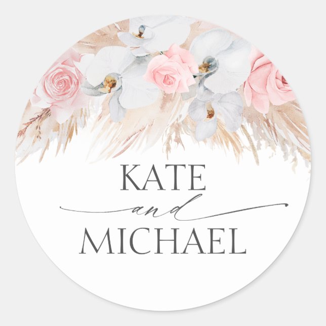 Sticker Rond Orchidées blanches et Pampas Mariage rose herbe (Devant)