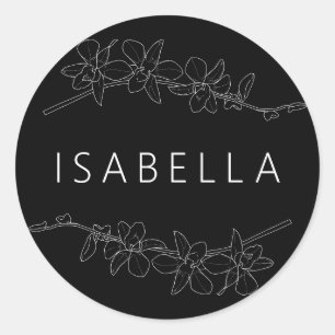 Sticker Rond Orchidées Floral Minimaliste Nom Personnalisé Saum