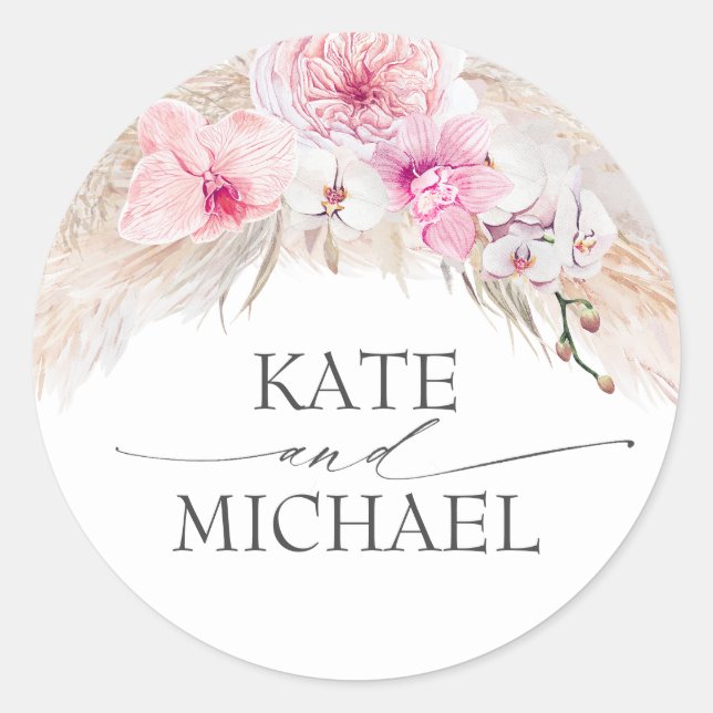 Sticker Rond Orchidées roses et Pampas Grass élégant moderne (Devant)