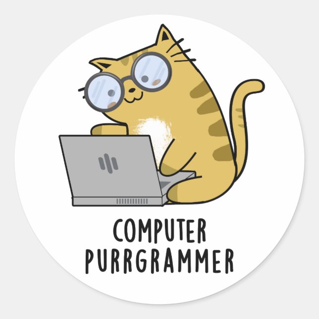 Sticker Rond Ordinateur Purr-grammer Funny Cat Pun (Devant)