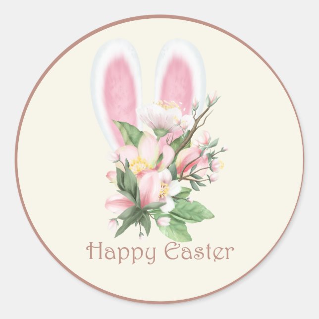 Sticker Rond Oreilles de lapin de Pâques et aquarelle Fleurs ro (Devant)