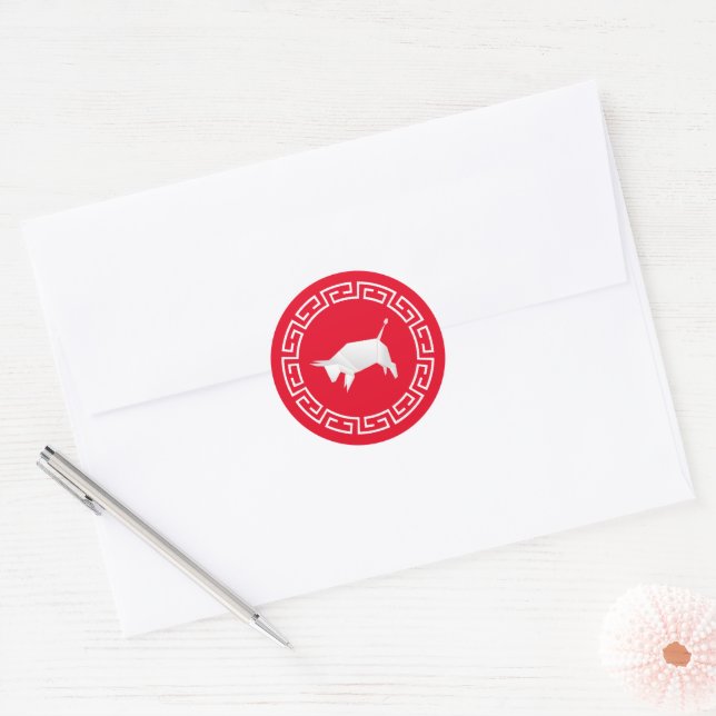 Sticker Rond Origami chinois Ox, rouge (Enveloppe)