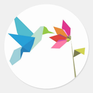 Sticker Rond Origami colibri et fleur
