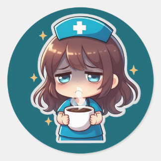 Sticker Rond Original Chibi Nurse - Coffee with Tired