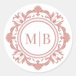 Sticker Rond Orné Floral Monogramme Mariage Élégant Rose Or