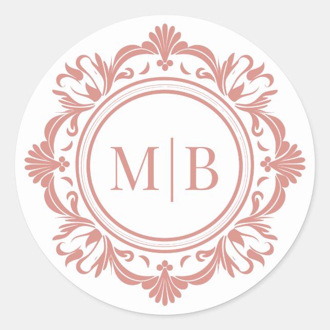 Sticker Rond Orné Floral Monogramme Mariage Élégant Rose Or (Devant)
