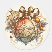 Sticker rond ornementaire de Noël doré