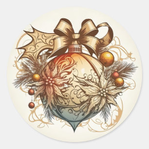 Sticker rond ornementaire de Noël doré