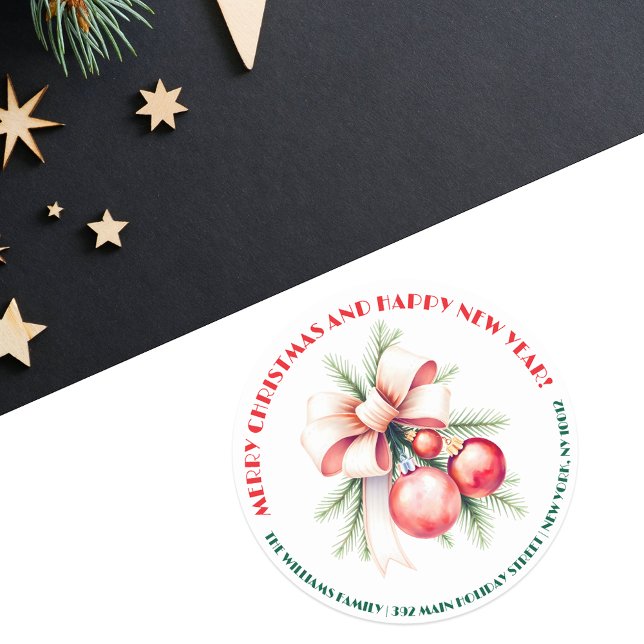Sticker Rond Ornements Bow Aiguilles de pin Adresse de Noël (Créateur téléchargé)