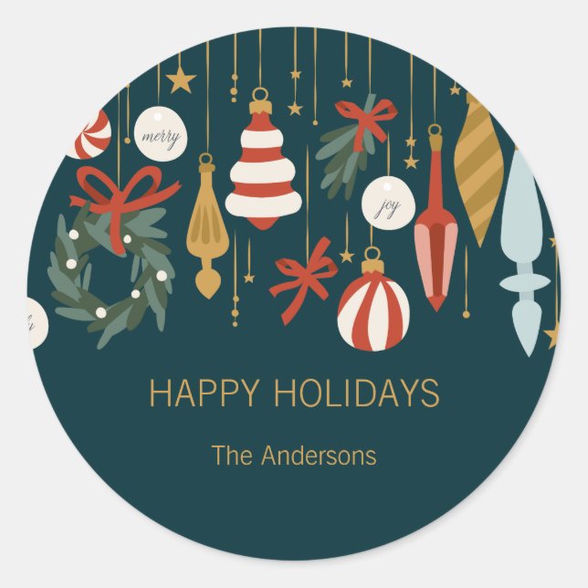 Sticker Rond Ornements de Noël Joyeuses fêtes (Devant)