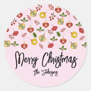 Sticker Rond Ornements de Noël Verdure festive Rose   