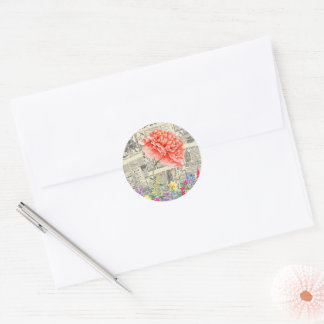 Sticker Rond Orplage Fleurs, Aquarelle, vieux journaux