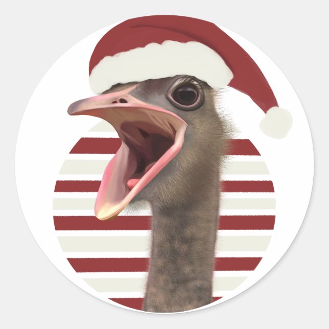 Sticker Rond Ostrich de Noël joyeux avec chapeau de Père Noël (Devant)
