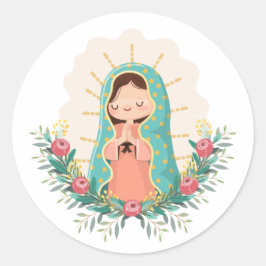 Sticker Rond Our Lady of Guadalupe with flowers Kawaii Style