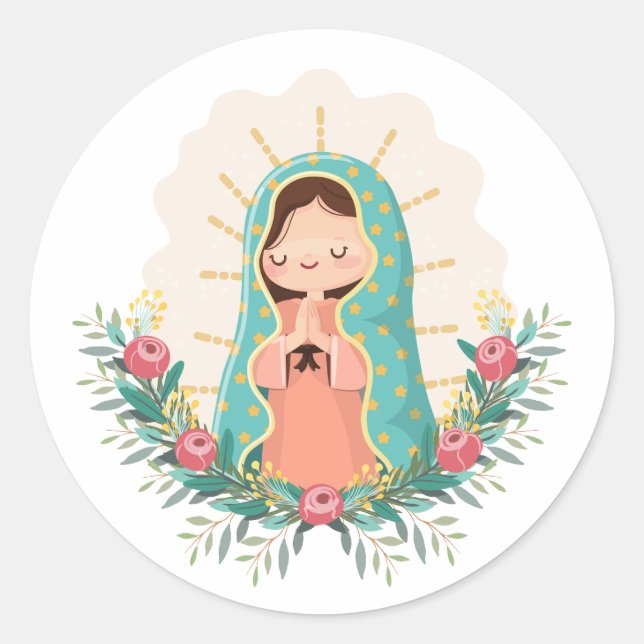 Sticker Rond Our Lady of Guadalupe with flowers Kawaii Style (Devant)