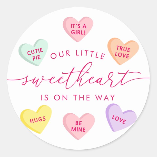 Sticker Rond Our Little Sweetheart Candy Hearts Baby Shower (Devant)