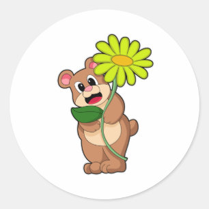 Sticker Rond Ours à la Fleur jaune