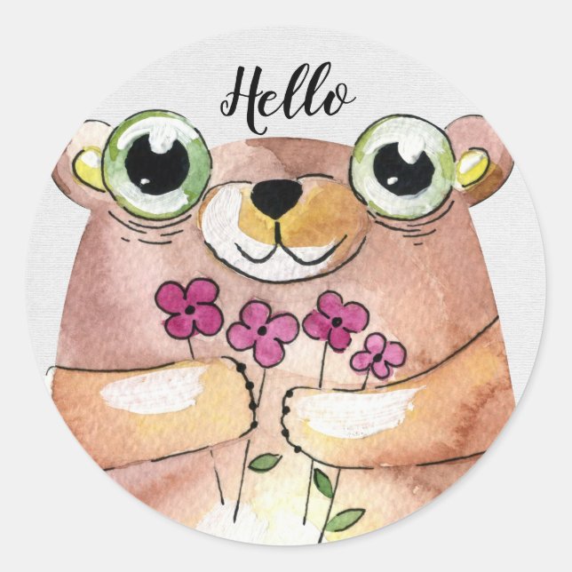 Sticker Rond Ours aquarelle avec Bouquet (Devant)