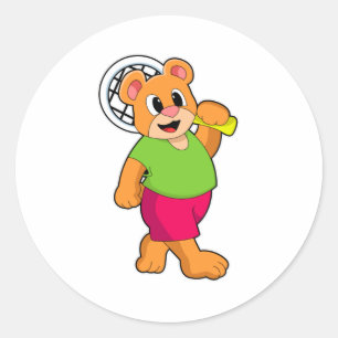 Sticker Rond Ours au tennis avec raquette de tennis