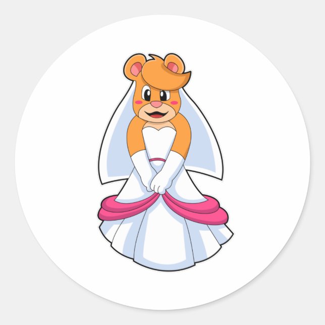 Sticker Rond Ours avec robe Mariage & Voile (Devant)