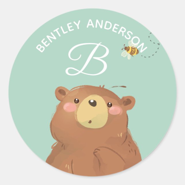 Sticker Rond Ours Bee ・ Alphabet Monogram Mignonne garderie sco (Devant)