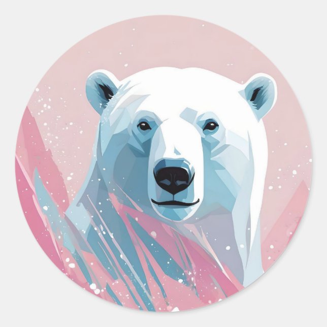 Sticker Rond Ours blanc polaire, rose, arrière - plan bleu. (Devant)