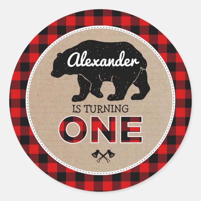 Sticker Rond Ours bûcheron Flanelle Wild One 1er Anniversaire (Devant)