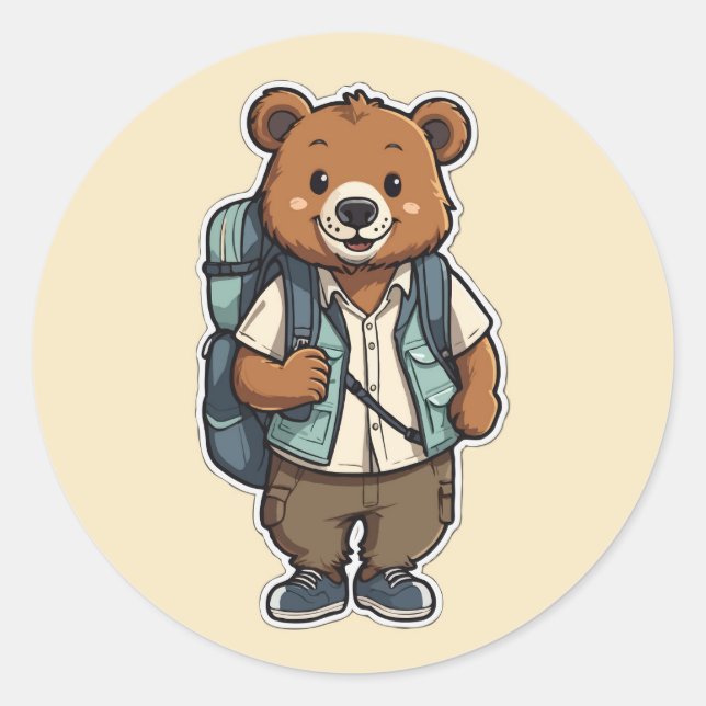 Sticker Rond Ours caricature joyeux avec sac à dos (Devant)