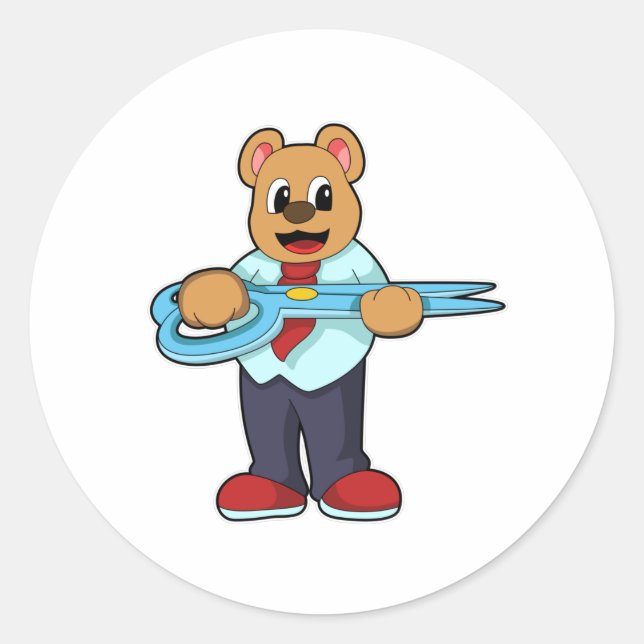 Sticker Rond Ours comme coiffeur avec ciseaux (Devant)