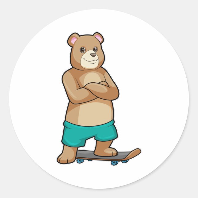 Sticker Rond Ours comme patineur avec skateboard (Devant)
