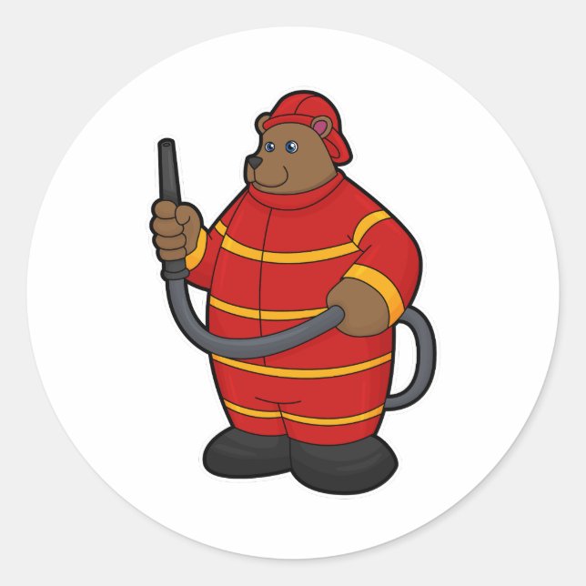 Sticker Rond Ours comme pompier avec tuyau (Devant)