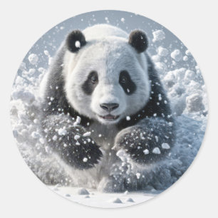 Sticker Rond Ours De Panda Courir Dans La Neige