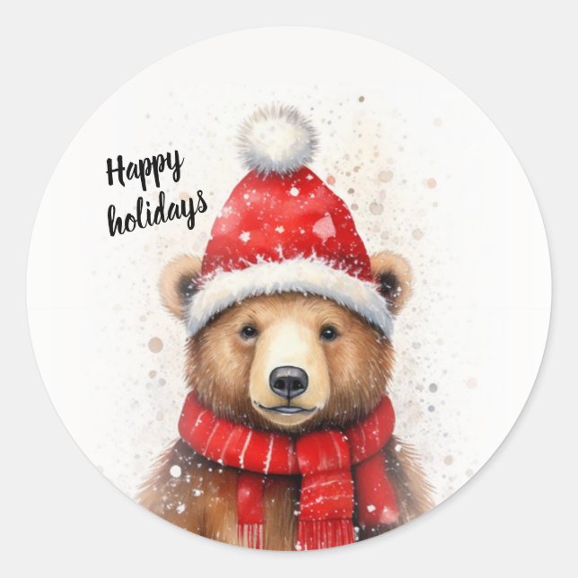 Sticker Rond Ours d'hiver dans un Casquette rouge cosy (Devant)