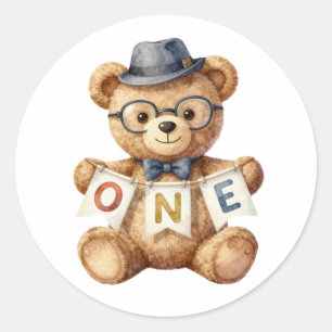 Sticker Rond Ours en peluche à l'aquarelle avec bannière Joyeux