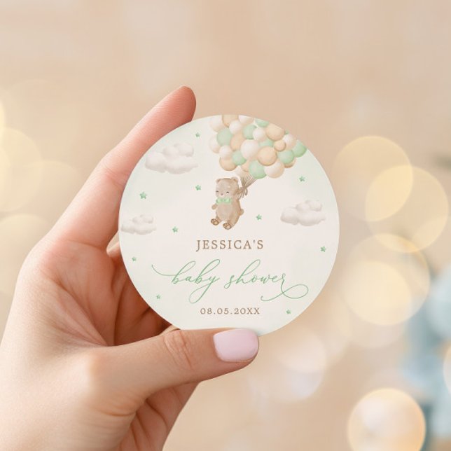 Sticker Rond Ours en peluche avec Baby shower Ballons verts (Créateur téléchargé)