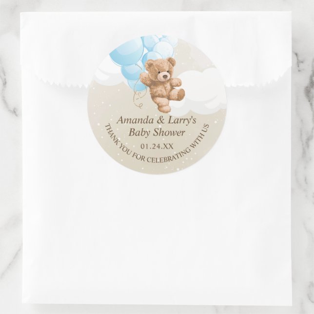 Sticker Rond Ours en peluche bleu et tan avec ballons (Sac)
