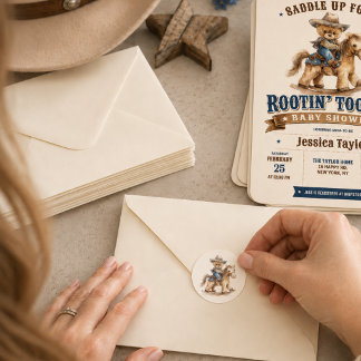 Sticker Rond Ours en peluche Cowboy Cheval Balançoire Aquarelle