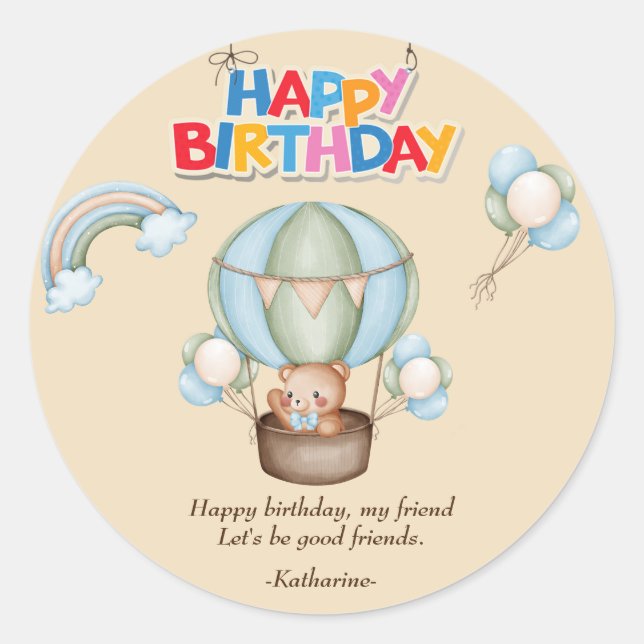 Sticker Rond ours en peluche customisé, joyeux anniversaire (Devant)