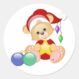 Sticker Rond Ours en peluche de Noël avec étoile
