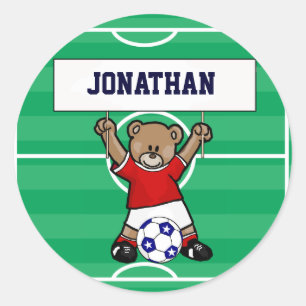 Sticker Rond Ours en peluche de soccer personnalisé (rouge)