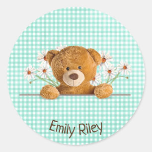 Sticker Rond ours en peluche et marguerites sur en vichy vert
