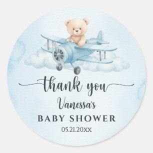 Sticker Rond Ours en peluche pilote aquarelle remerciement Baby