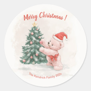 Sticker Rond Ours en peluche rose Noël rétro