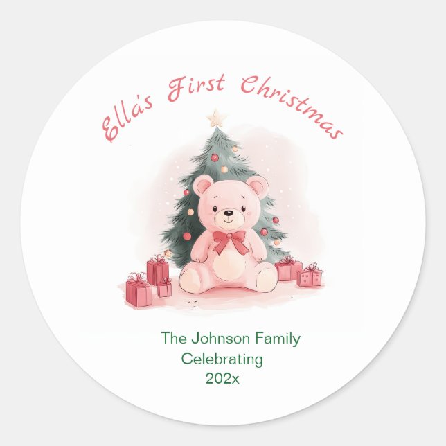 Sticker Rond Ours en peluche rose Premier Noël (Devant)