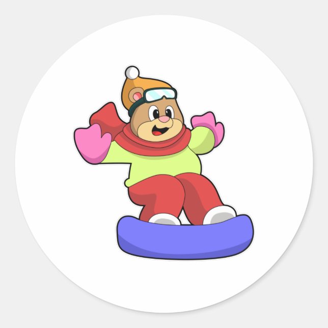 Sticker Rond Ours en snowboard avec snowboard (Devant)