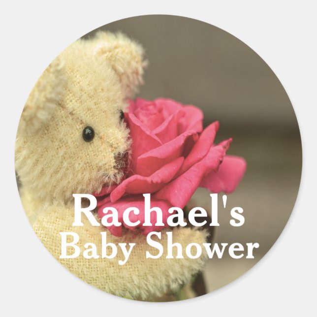 Sticker Rond Ours En Teddy Doux Avec Baby shower Rose (Devant)