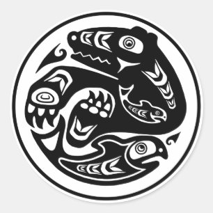 Sticker Rond Ours et poissons Amérindiens