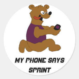 Sticker Rond Ours fol de bande dessinée avec le téléphone