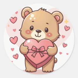 Sticker Rond Ours Kawaii avec boîte de chocolat en forme de coe