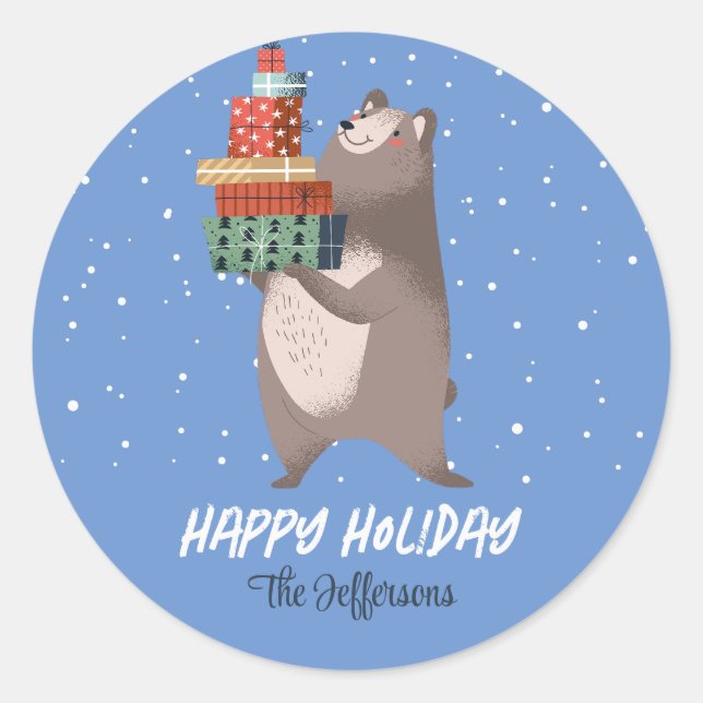 Sticker Rond Ours mou Neige hiver Vacances de Noël Animal (Devant)